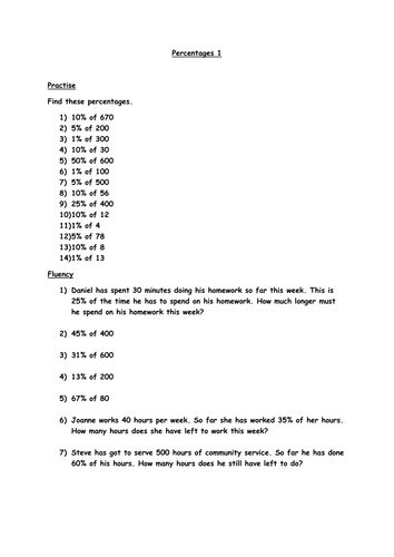 percentages teaching resources