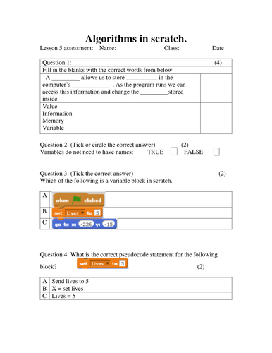 Algorithms in Scratch Lesson 5 Variables