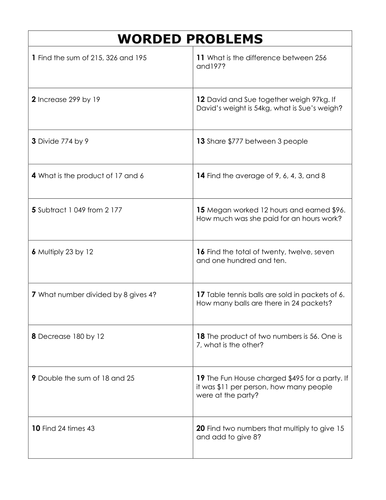 worded maths problems worksheet answers included teaching resources