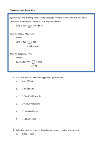 percentages worksheets teaching resources