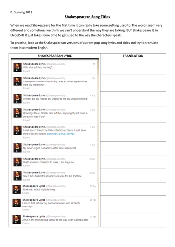 Shakespearean Pop Songs: language worksheet | Teaching Resources