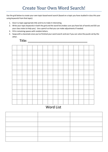 Create Your Own Word Search Student Activity Teaching Resources