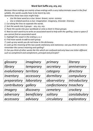 A word sort for suffixes ary ory ery teaching resources