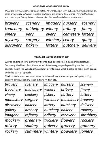 Word Sort of Words Ending in ery | Teaching Resources