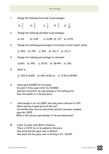 Percentages - increase decrease , changing between decimals, fractions ...