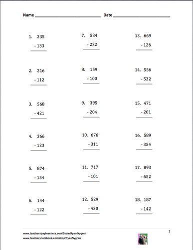 Three Digit Subtraction Worksheets - 15 Pages (Vertical) | Teaching ...