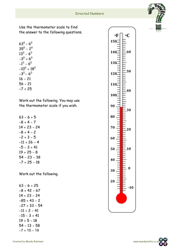 Directed Numbers Worksheet Year 7