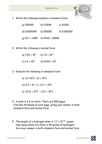 Standard Form Worksheet (with answers) GCSE by Mandymaths_TES