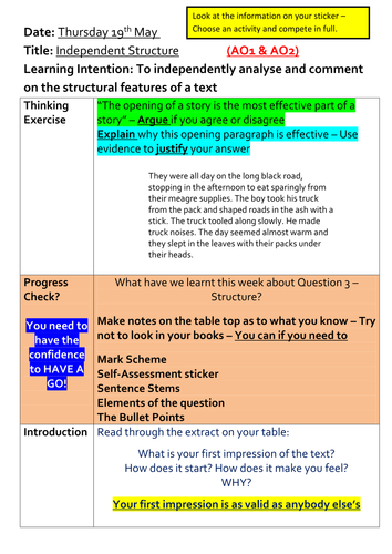 AQA English Language Paper 1 - Structure - The Road