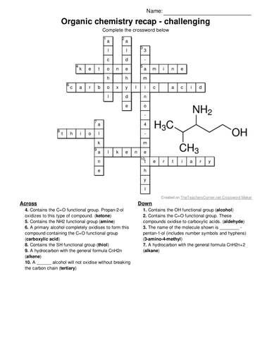 Organic chemistry functional groups crossword for revision AFL or