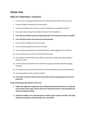 Quiz on lung structure and gas exchange