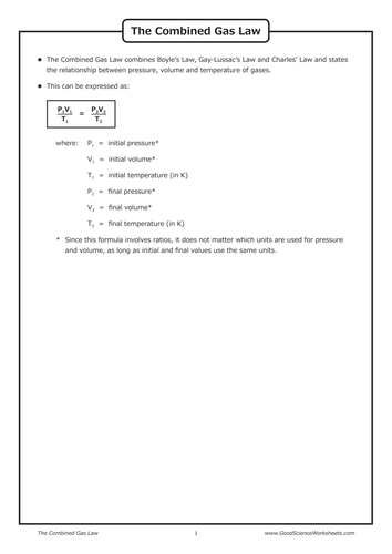 Gas Laws - The Combined Gas Law by GoodScienceWorksheets - Teaching