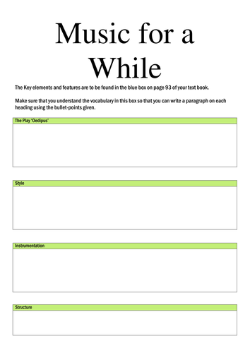 Music for a While Literacy Worksheet - Key Elements (Edexcel GCSE Music