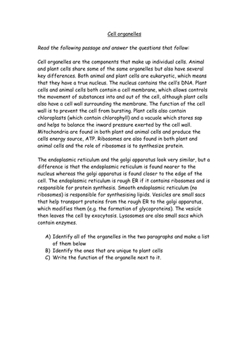 Cell organelles - comprehension task