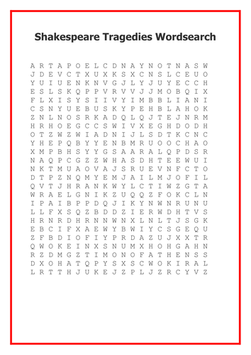 Shakespeare's Tragedies Wordsearch