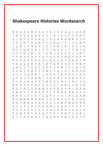 Shakespeare Histories Wordsearch