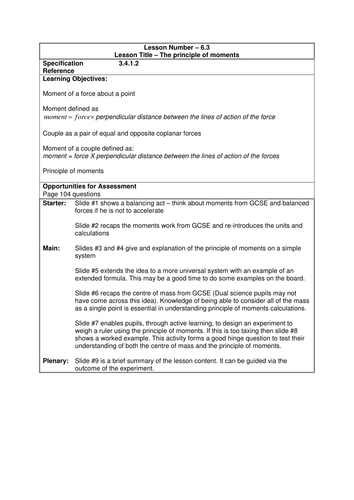 Physics A-Level Year 1 Lesson - The principle of Moments (PowerPoint AND lesson plan)