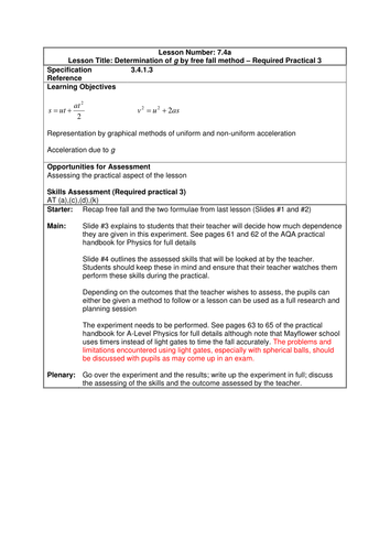 Physics A-Level Year 1 Lesson - Free Fall (PowerPoint AND lesson plan