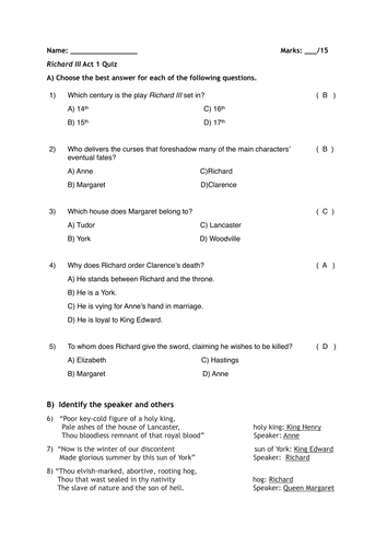 William Shakespeare's Richard III worksheets by Chiahn - Teaching