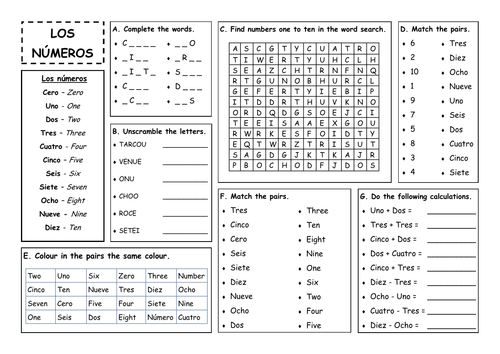 Los números -Numbers (1 to 10) in Spanish and activities