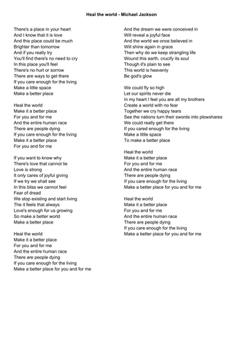Heal The World Michael Jackson Leadsheet For Band Teaching Resources