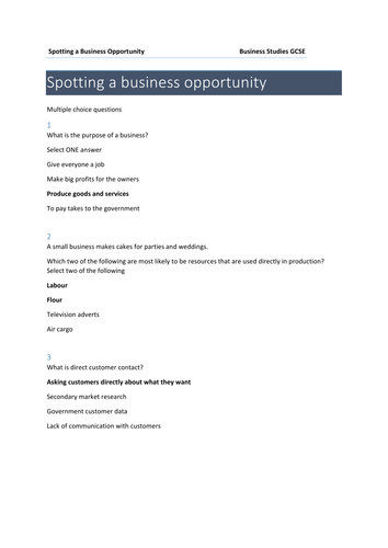 Spotting a business opportunity Revision for GCSE Business Studies (Edexcel)