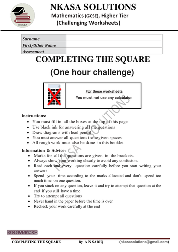 COMPLETING THE SQUARE(One hour challenge) for hardworking and bright GCSE / A Level students