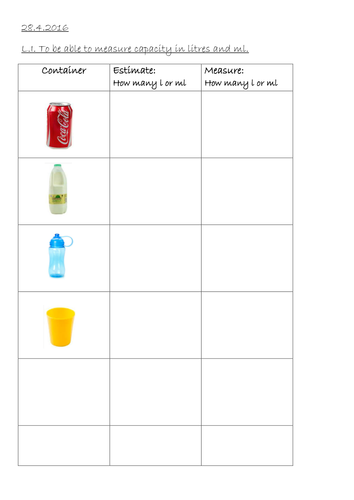 measure capacity in l and ml year 1 teaching resources