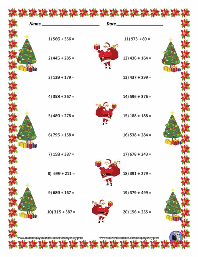 Three Digit Addition - Christmas Themed Worksheets - Horizontal ...
