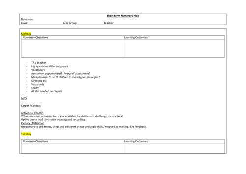 Blank Maths Planning Grid