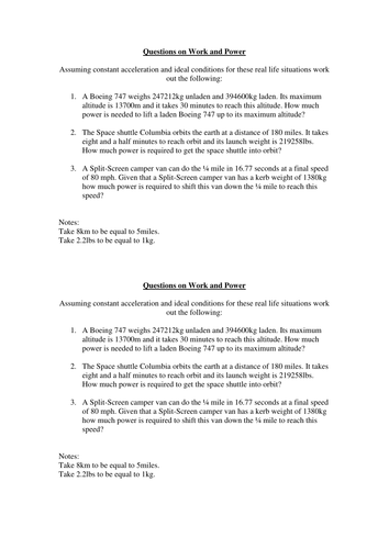 Work and power calculations worksheet