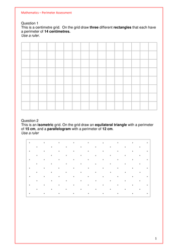 Maths KS2 Assessment or Practice/Revision - Perimeter of Simple Shapes. SATs style questions.