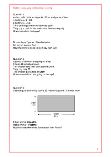 Maths KS2 Problem Solving using Mathematical Reasoning.