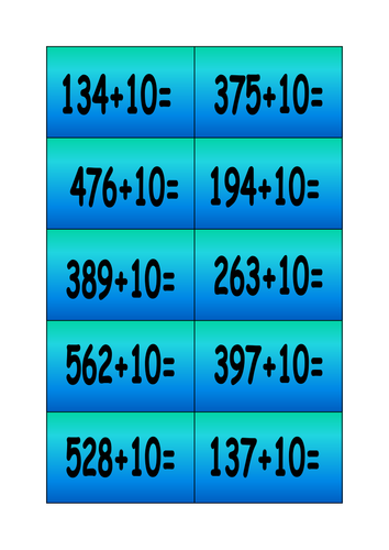 Adding 10 to 2 digit and 3 digit numbers - snakes and ladders cards