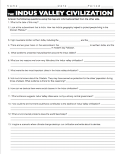 Indus Valley/Harappa Civilization Informational Text Worksheet ...