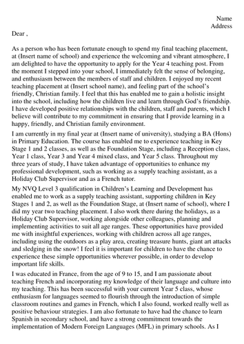 Letter of application/interview for primary teacher in a Catholic ...