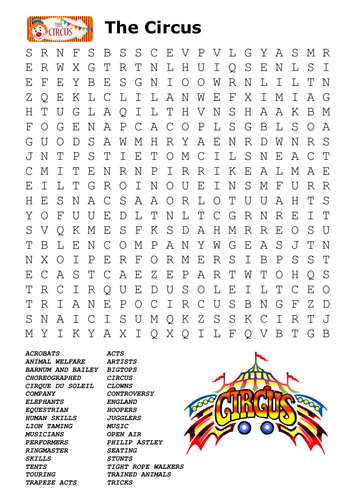 The Circus Word Search | Teaching Resources