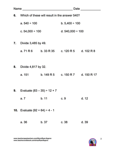 Singapore 5th Grade Chapter 2 Math Test Review (7 pages) | Teaching ...