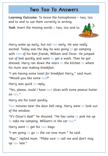 Homophones: Year 2 - To, Too, Two | Teaching Resources