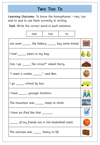 Homophones: Year 2 - Too, Two, Too | Teaching Resources