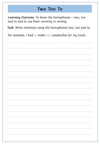 Homophones: Year 2 - Too, Two, Too | Teaching Resources