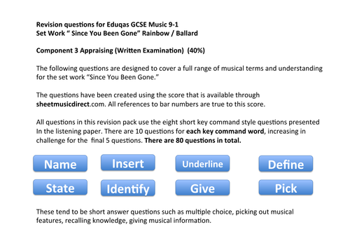 EDUQAS GCSE MUSIC 9-1 Set Work: Since You Been Gone KEY COMMAND QUESTIONS & ANSWERS