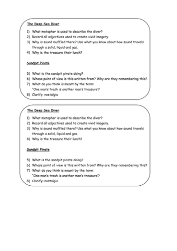 treasure box poetry reading comprehension questions