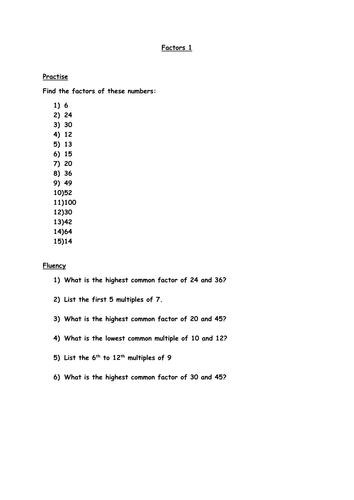 Year 6 Factors worksheet