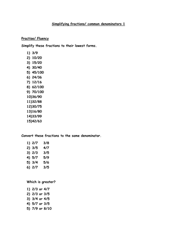 Year 6 Simplifying fractions/ changing denominators worksheet
