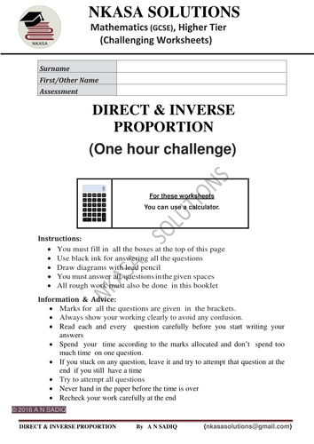 DIRECT & INVERSE PROPORTION(One  hour challenge)for hardworking and shining  GCSE / A Level students