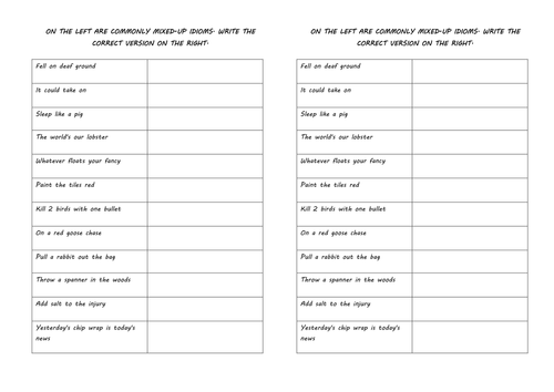 KS3 English Starter Commonly Mixed up Idioms Teaching Resources