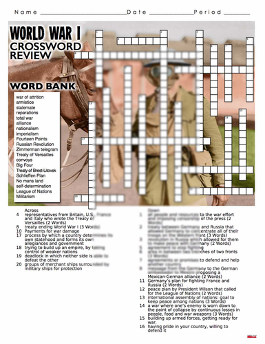 World War I Crossword Puzzle Review WW1 Teaching Resources