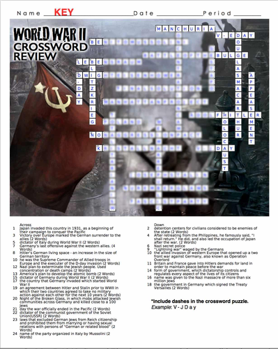 World War 1 Review Crossword Puzzle Answers