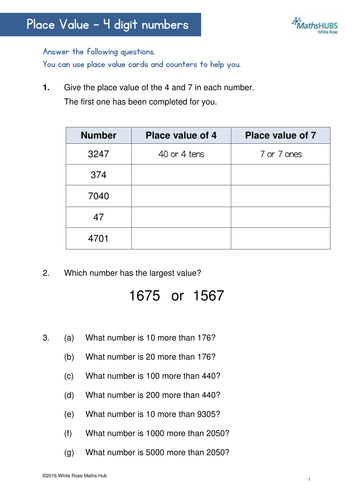 place value 4 digit numbers teaching resources